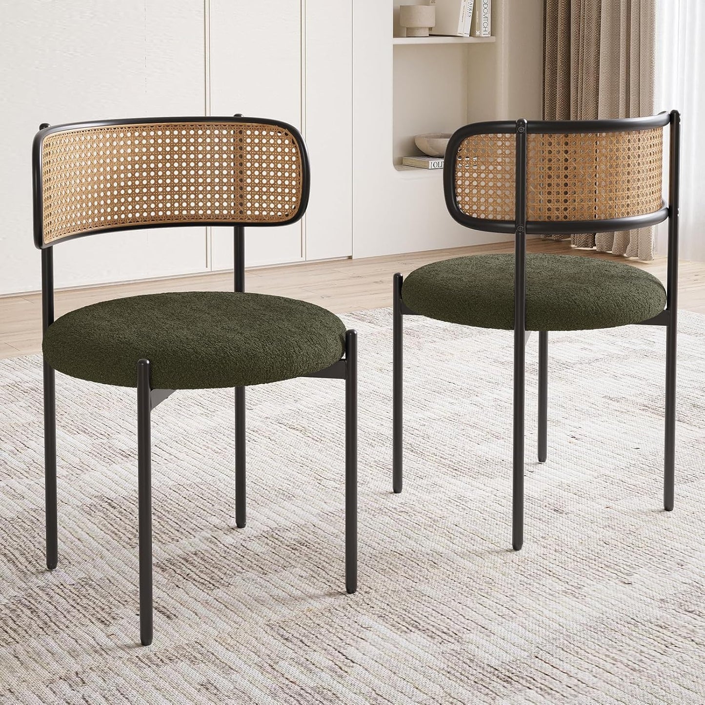 Farini Upholstered Dining Chair Set of 2, Rattan Backrest Kitchen Chair