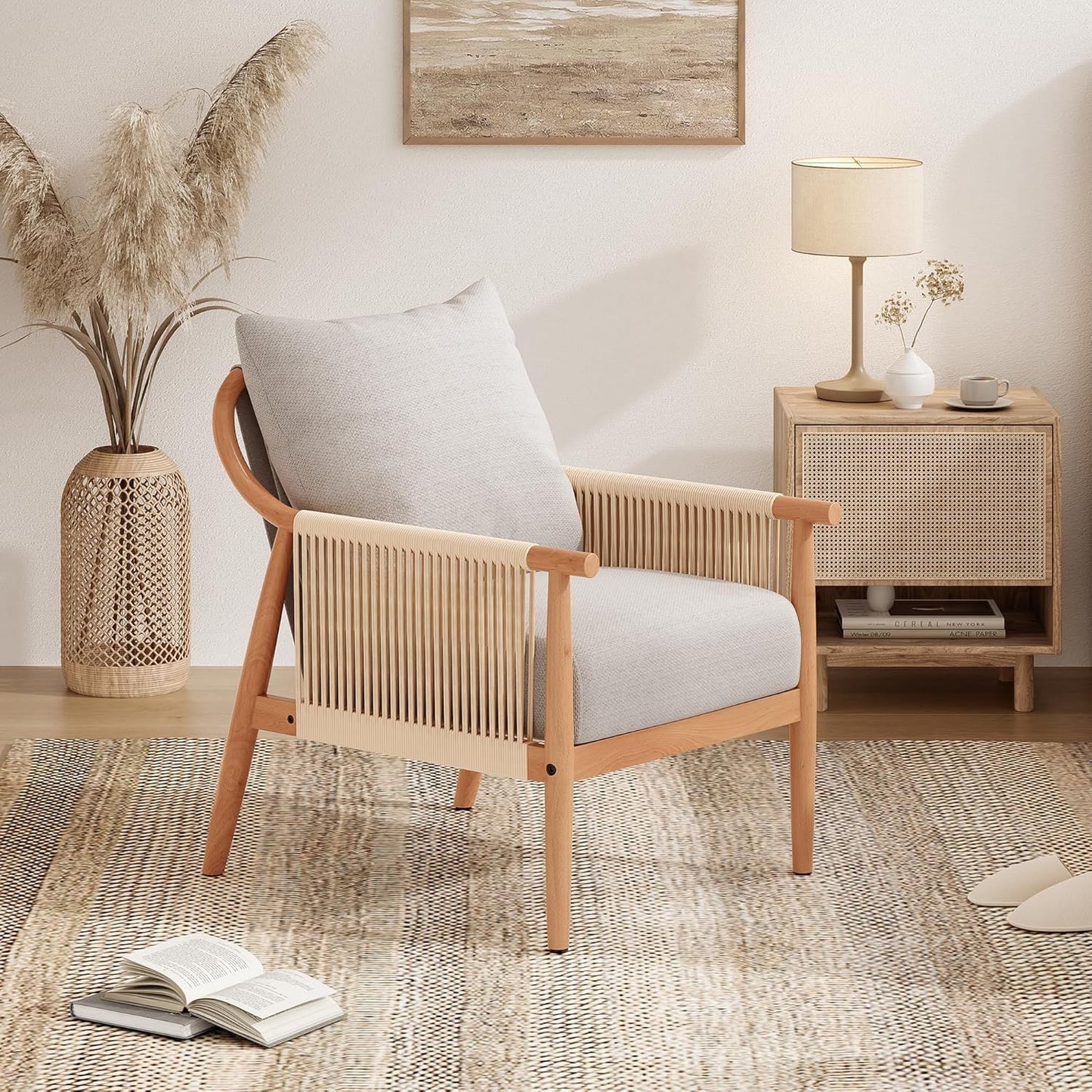 Farini Braid Armchair, Mid Century Modern Wood Accent Chair for Living Room,Reading Bedroom Chair