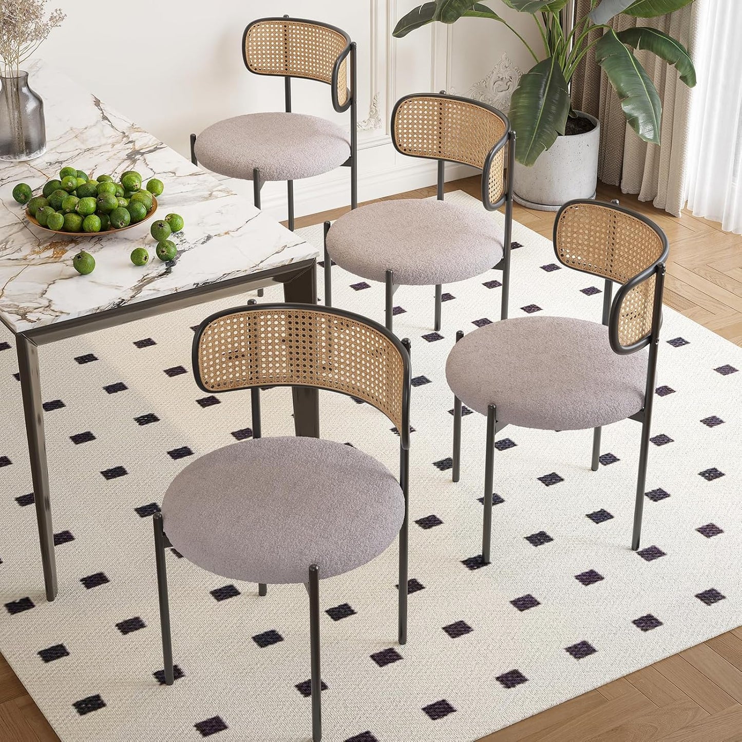 Farini Upholstered Dining Chair Set of 4, Rattan Backrest Kitchen Chair