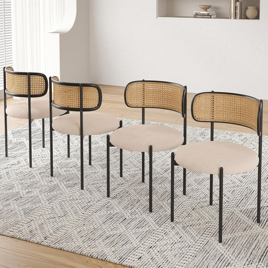 Farini Modern Upholstered Dining Chairs, Set of 4, Rattan Back Kitchen Chairs with Metal Legs, Light Brown