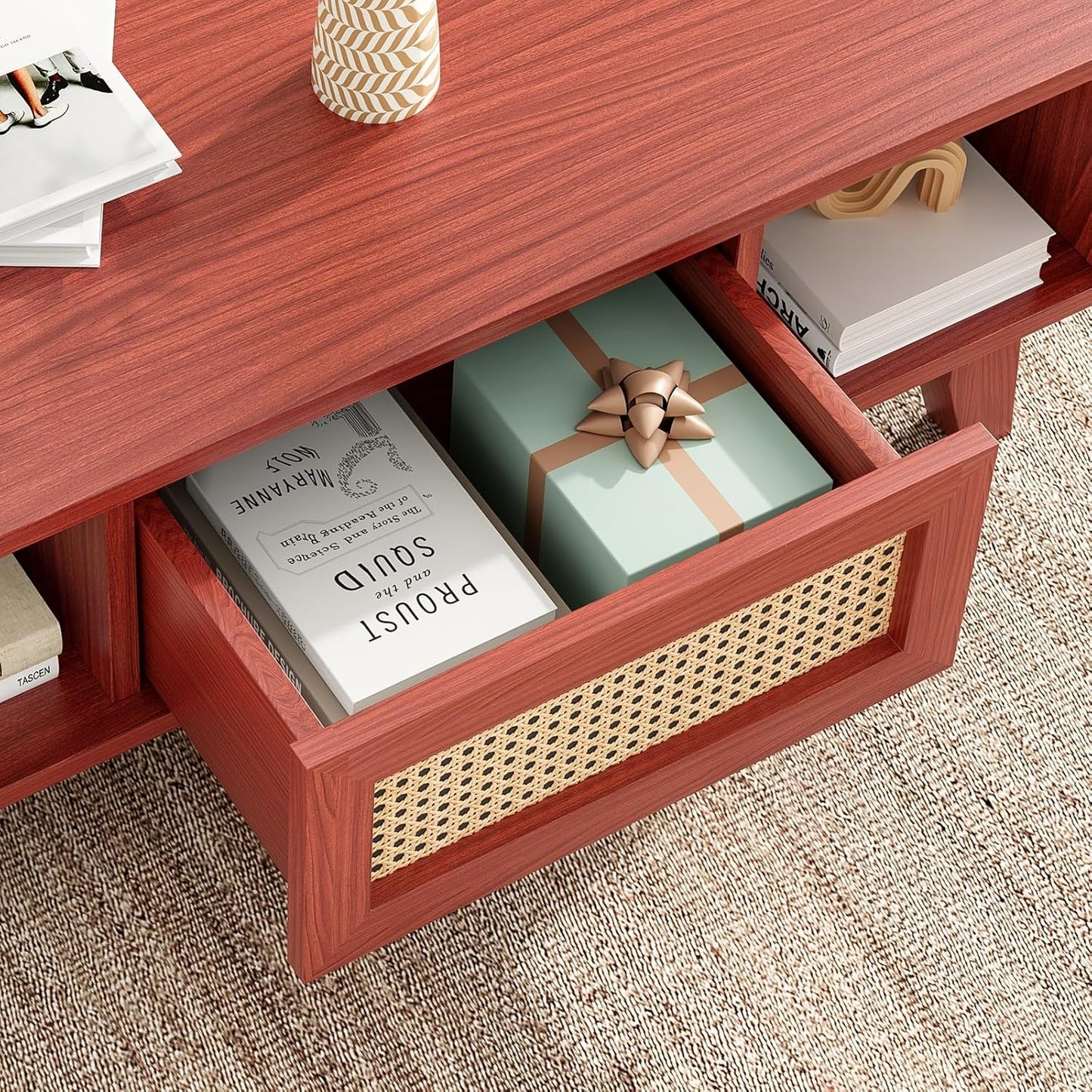 Farini Mid Century Storage, Modern Square Rattan Drawer Wooden, Farmhouse Coffee Table for Living Room