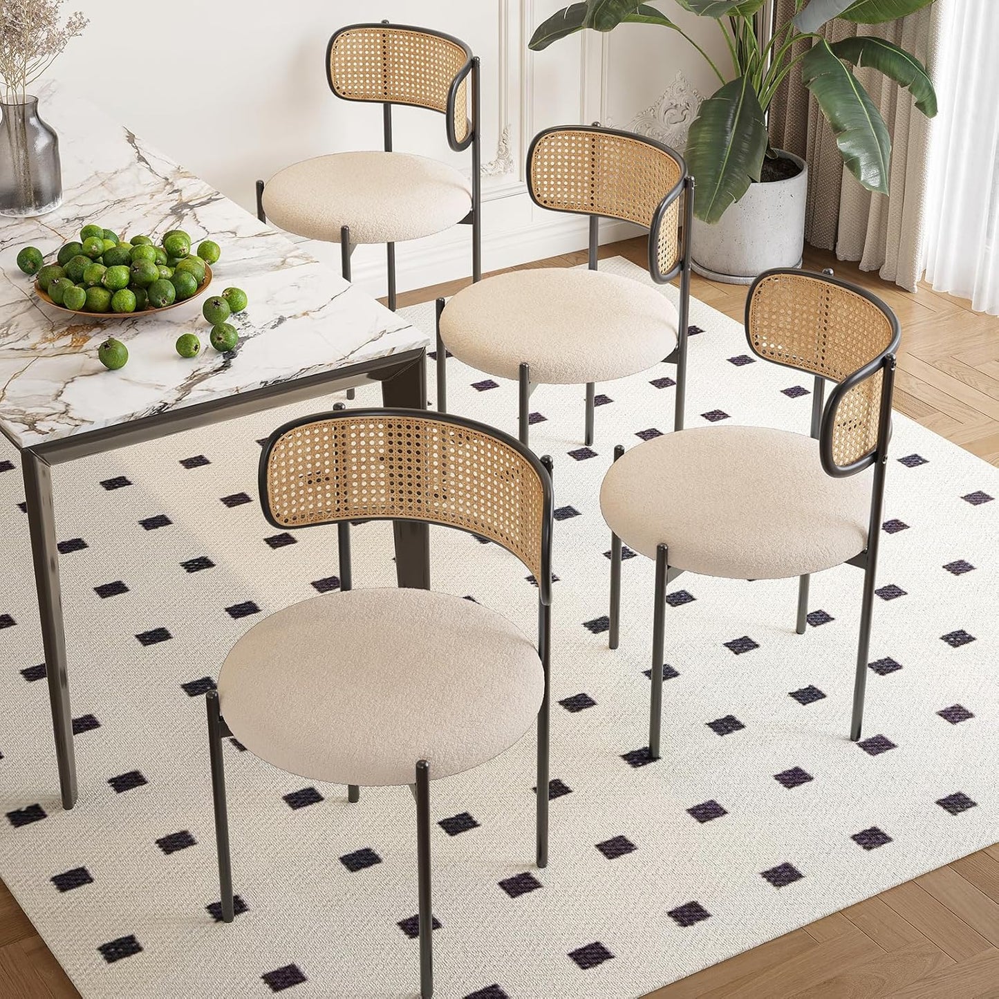 Farini Upholstered Dining Chair Set of 4, Rattan Backrest Kitchen Chair