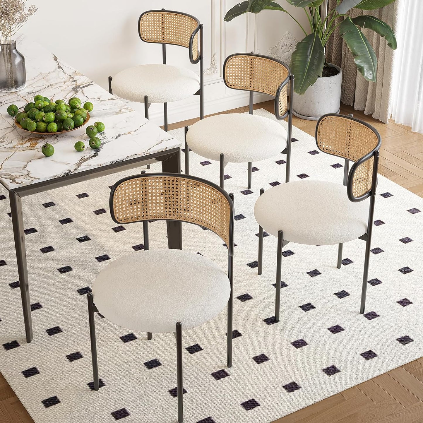 Farini Upholstered Dining Chair Set of 4, Rattan Backrest Kitchen Chair