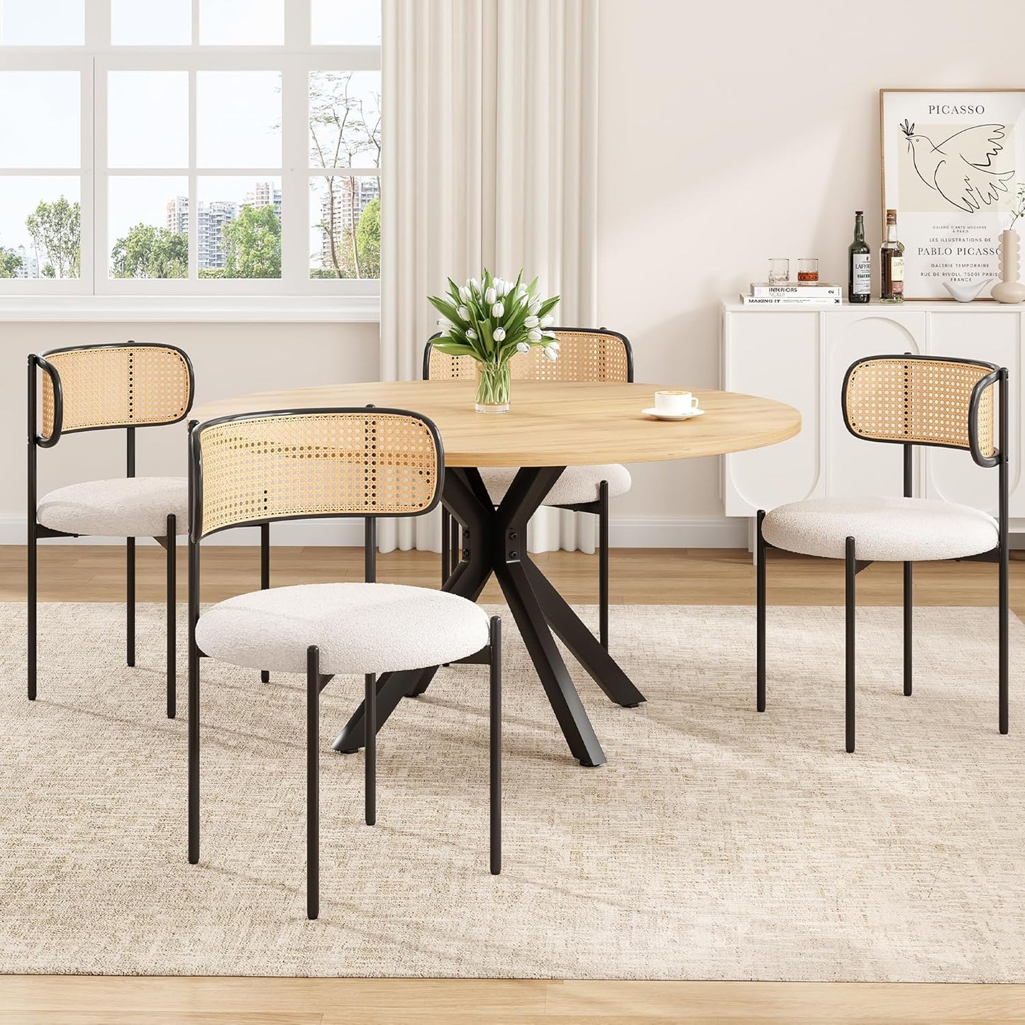 Farini 47 Inch Round Dining Table for 4-6 People, Mid Century Modern Kitchen Table with Sturdy Base, Wood Dining Table for Kitchen Dining Room