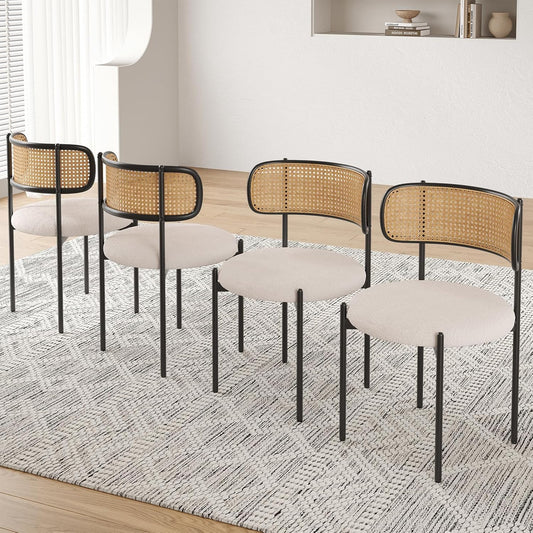 Farini Modern Upholstered Dining Chairs, Set of 4, Rattan Back Kitchen Chairs with Metal Legs, Beige