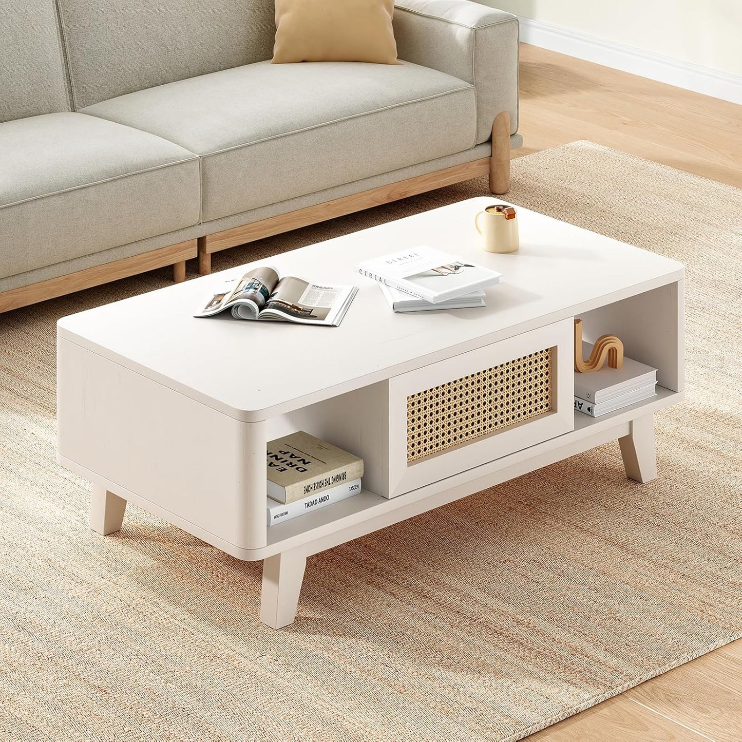 Farini Mid Century Storage, Modern Square Rattan Drawer Wooden, Farmhouse Coffee Table for Living Room