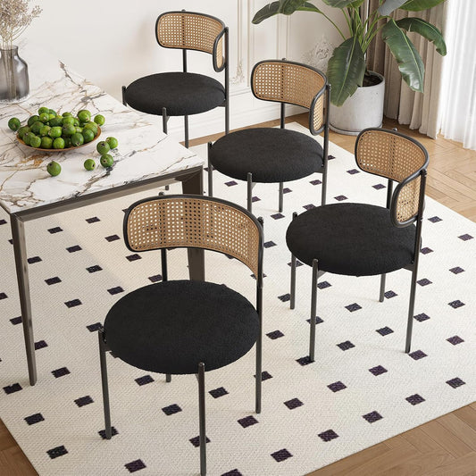 Farini Upholstered Dining Chair Set of 4, Rattan Backrest Kitchen Chair