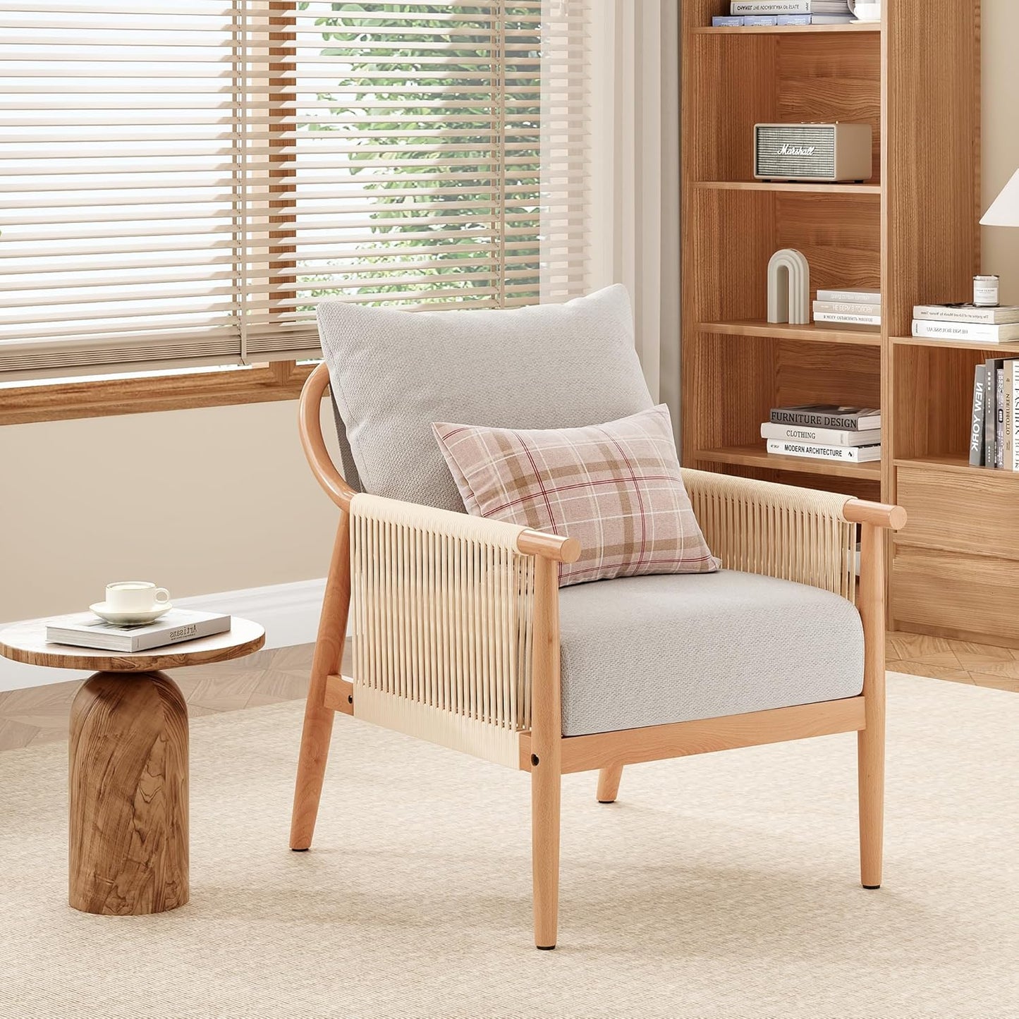 Farini Braid Armchair, Mid Century Modern Wood Accent Chair for Living Room,Reading Bedroom Chair