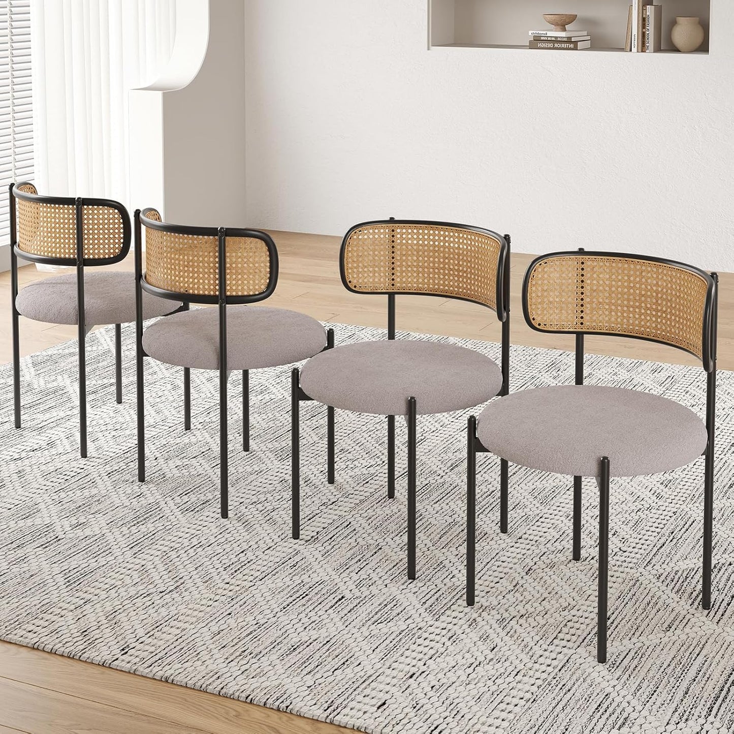 Farini Modern Upholstered Dining Chairs Set of 4,Rattan Back Dining Room Chairs,Accent Kitchen Chairs with Metal Legs,Light Gray