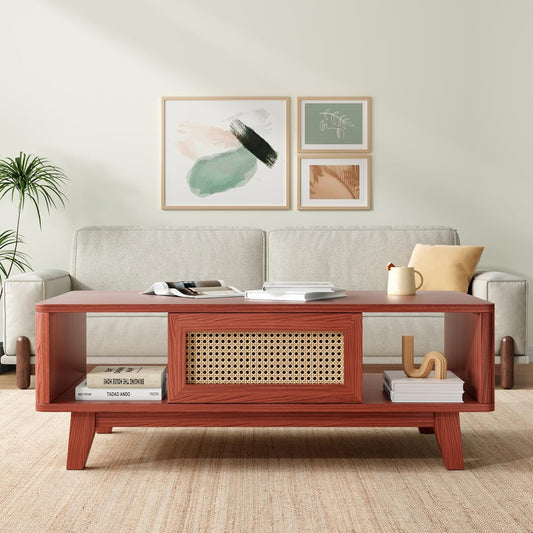 Farini Mid Century Storage, Modern Square Rattan Drawer Wooden, Farmhouse Coffee Table for Living Room