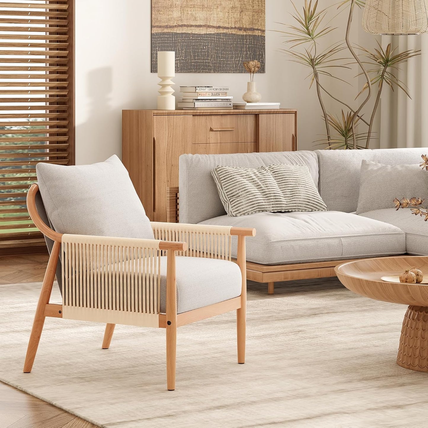 Farini Braid Armchair, Mid Century Modern Wood Accent Chair for Living Room,Reading Bedroom Chair