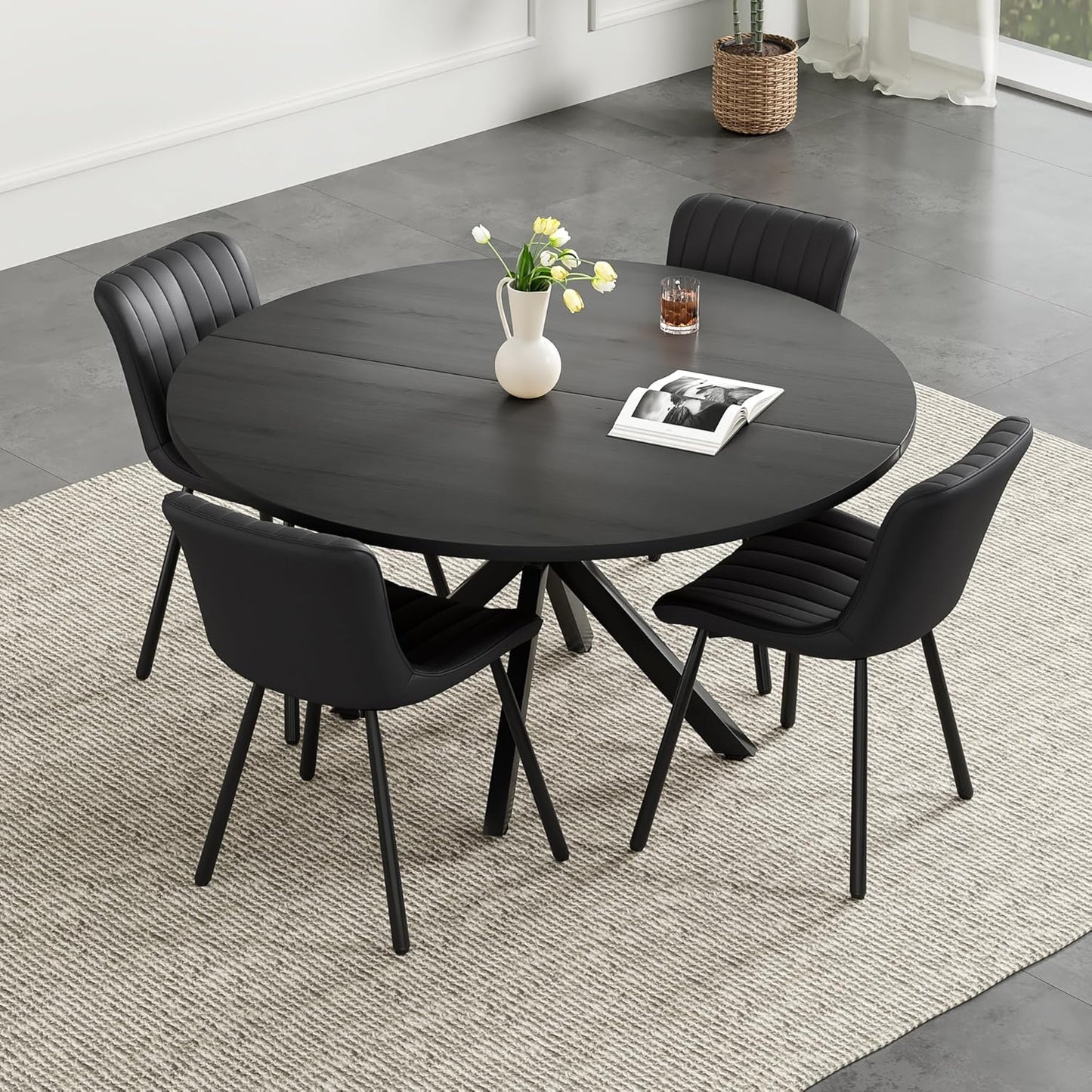 Farini 47 Inch Round Dining Table for 4-6 People, Mid Century Modern Kitchen Table with Sturdy Base, Wood Dining Table for Kitchen Dining Room