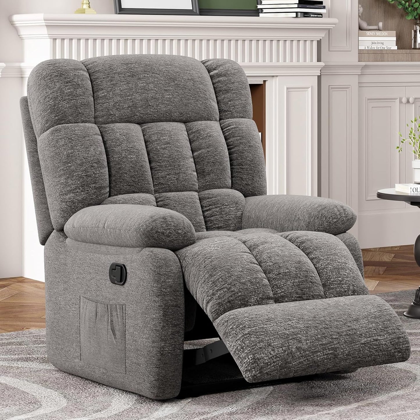 Farini Recliner Chair, Upholstered Rocker Recliner Chair with Side Pocket, Ergonomic 110°-160° Adjustable Reclining Chairs for Adults, Single Sofa Chair with Footrest,Recliner Sofa for Living Room
