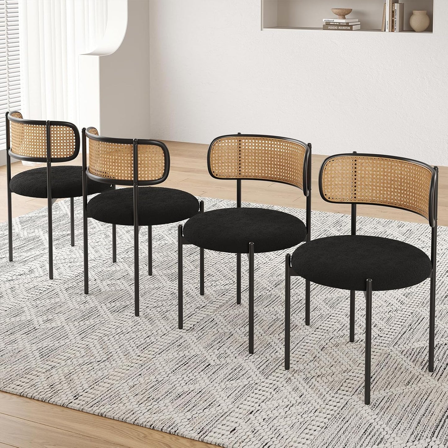 Farini Modern Upholstered Dining Chairs Set of 2,Rattan Back Dining Room Chairs,Accent Kitchen Chairs with Metal Legs,Black