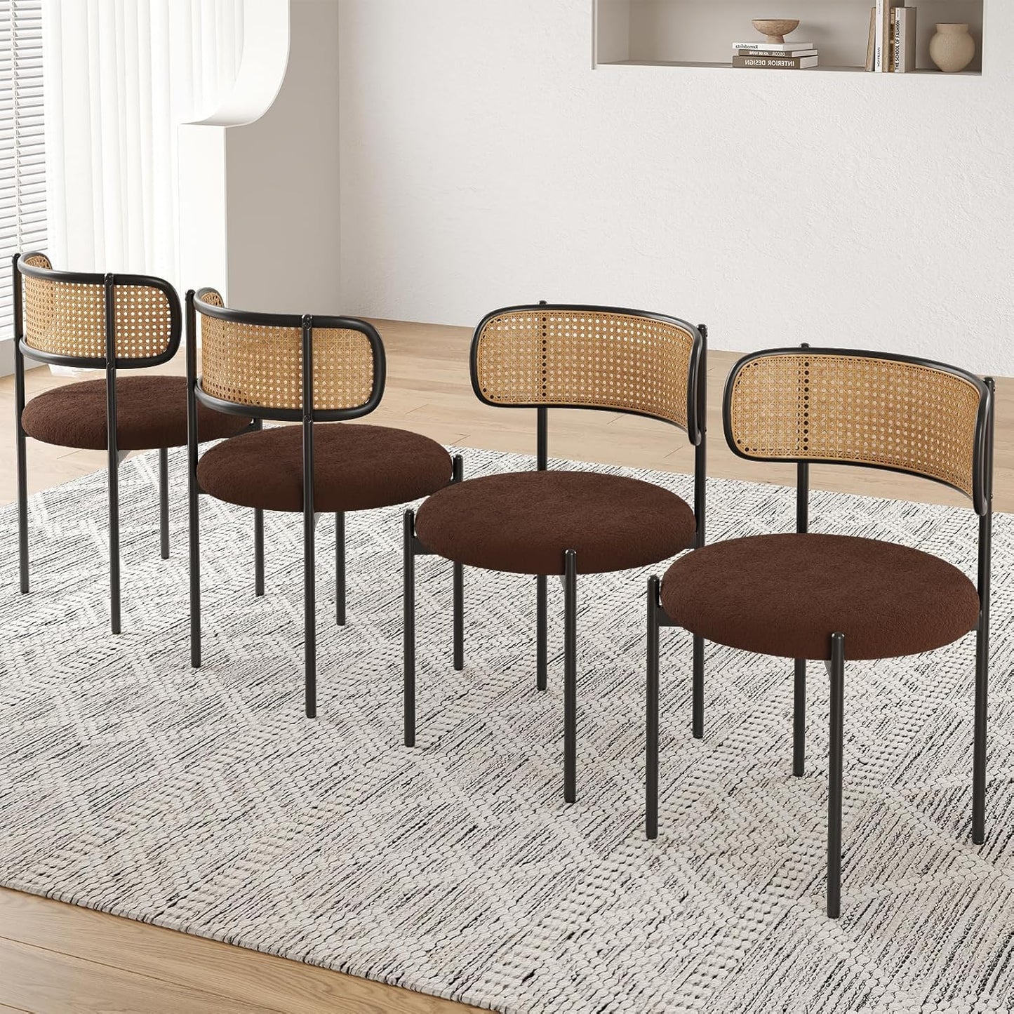 Farini Modern Upholstered Dining Chairs, Set of 2, Rattan Back Kitchen Chairs with Metal Legs, Coffee