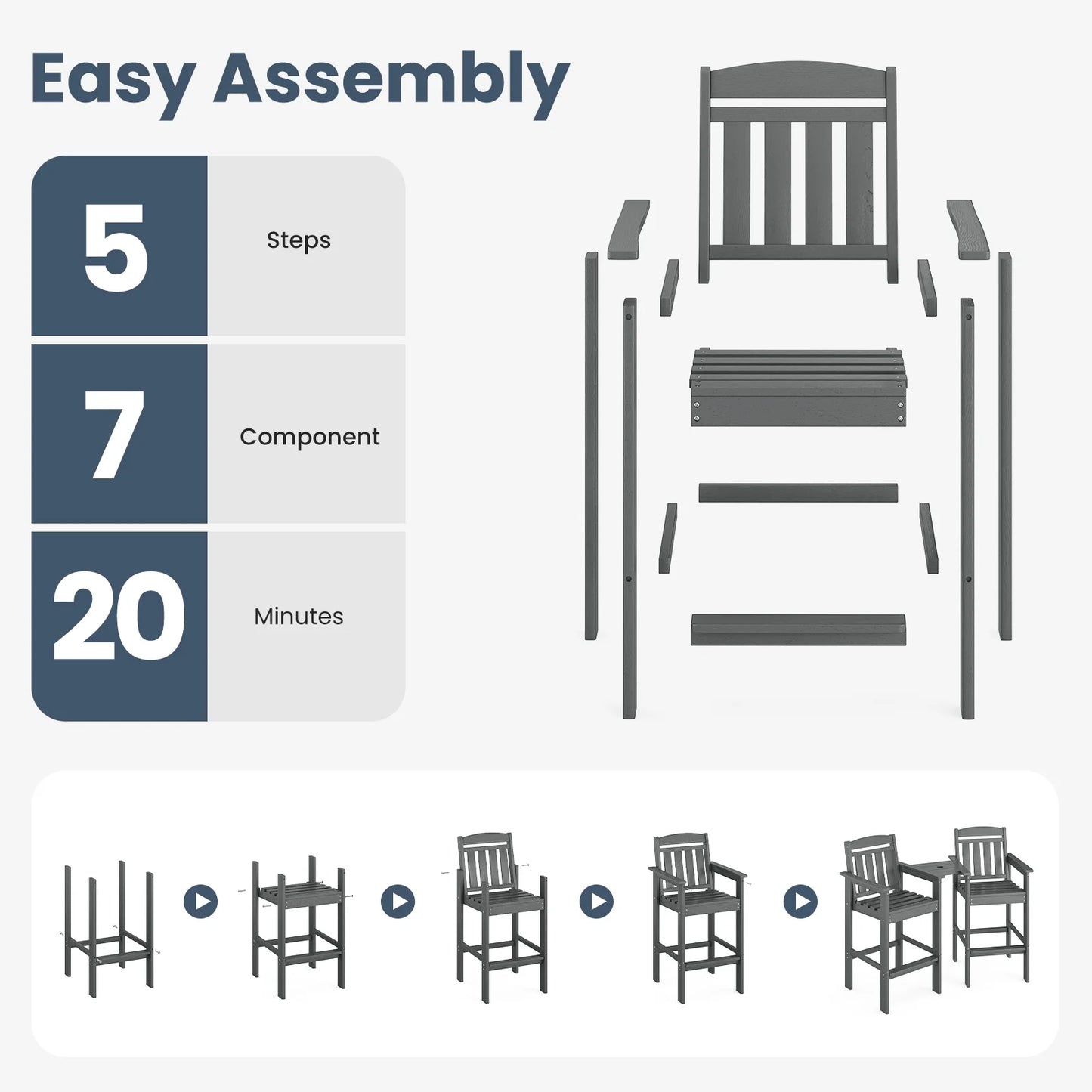 Farini Tall Adirondack Chairs Set of 2, HDPE Adirondack Bar Stools with Connecting Tray, Bar Height Adirondack Chair Patio Barstool, Ideal All Weather Tall Patio Chair for Balcony, Poolside, Backyard