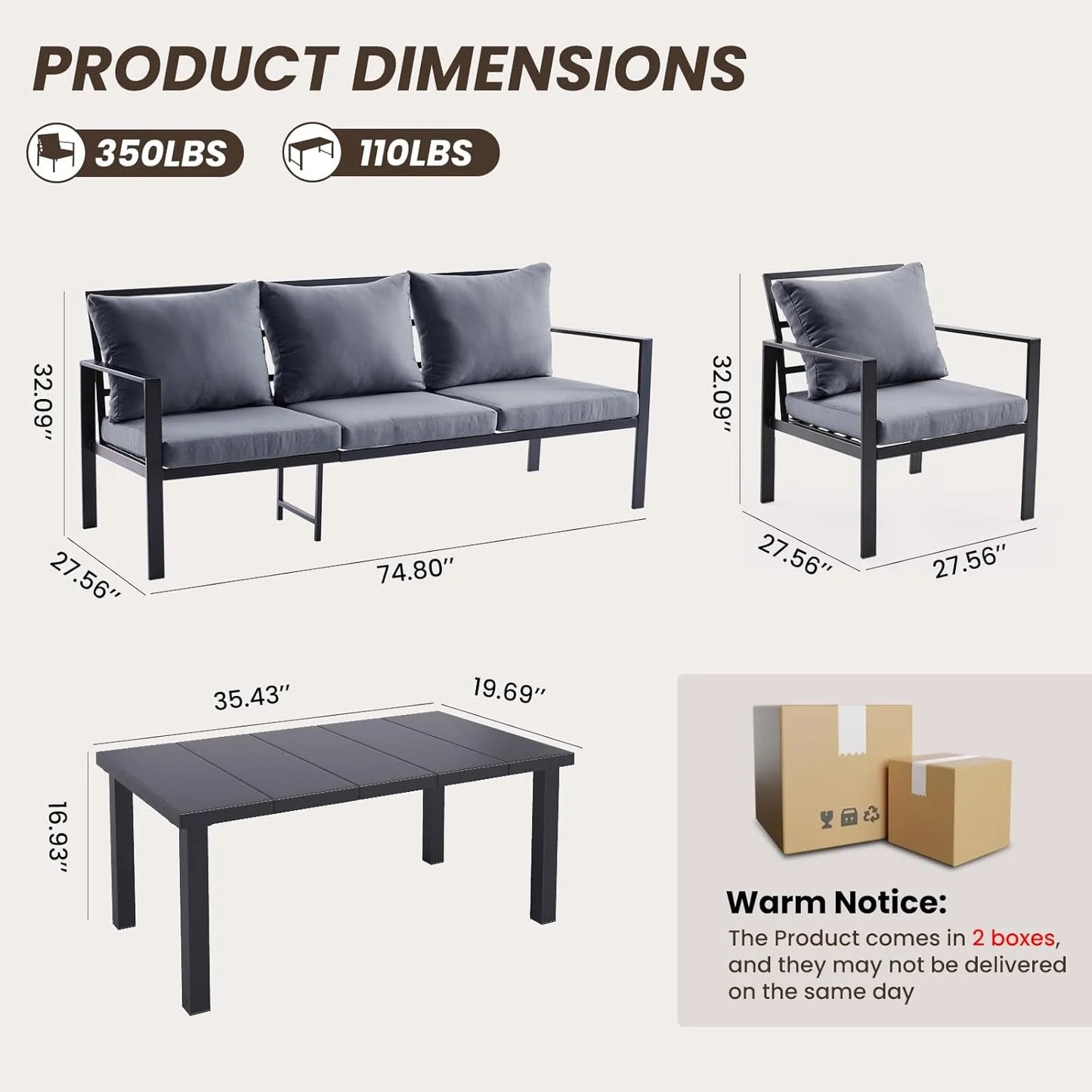 Farini Outdoor conversation sets, Metal Patio Furniture Set with 2 Single Sofas, Loveseat & Coffee Table, for Garden, Backyard, Balcony