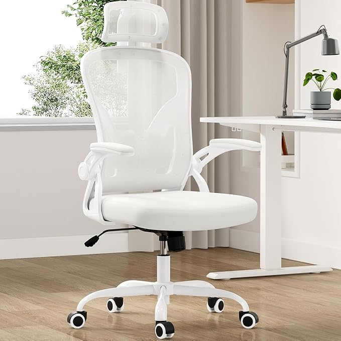 Farini Ergonomic Office Chair, Home Office Desk Chair with Headrest, High Back Computer Chair with Armrests and Adjustable Lumbar Support for Home Office Study Room, White & Khaki