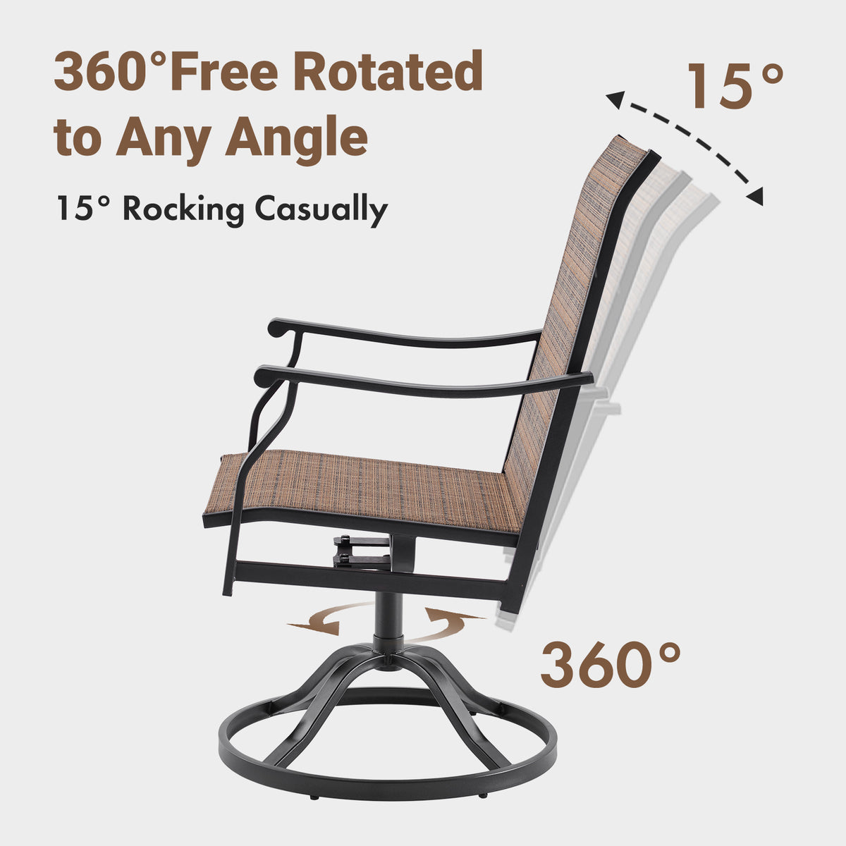 Farini Outdoor 360° Swivel Dining Chairs Set of 6, Textilene Fabric, Rust-Resistant Metal Frame, All-Weather Ergonomic Seating for Patio, Backyard or Balcony, Brown