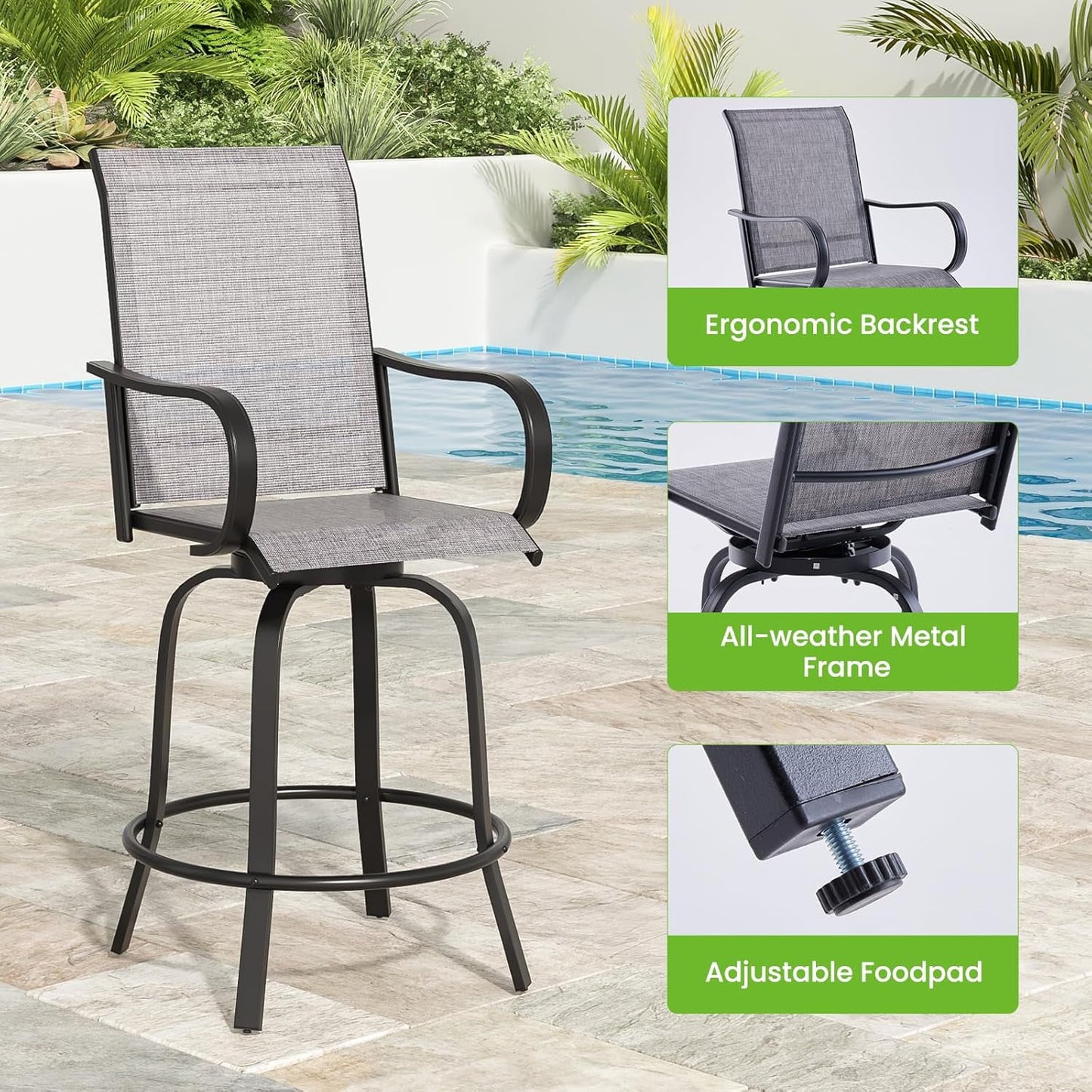 Farini Outdoor Bar Stools Set, 360°Swivel Patio Barstools with Textile Fabric,Ergonomic Comfort Bar Height Tall Outdoor Stools for Balcony