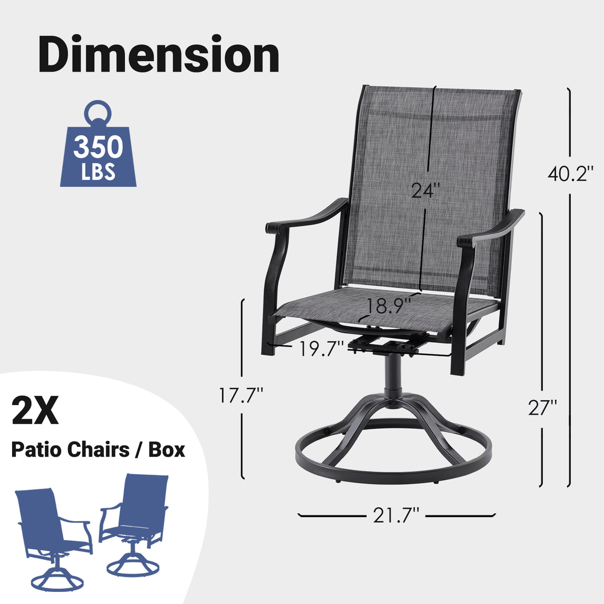 Farini Outdoor 360° Swivel Dining Chairs Set of 2, Textilene Fabric, Rust-Resistant Metal Frame, All-Weather Ergonomic Seating for Patio, Backyard or Balcony, Dark Gray