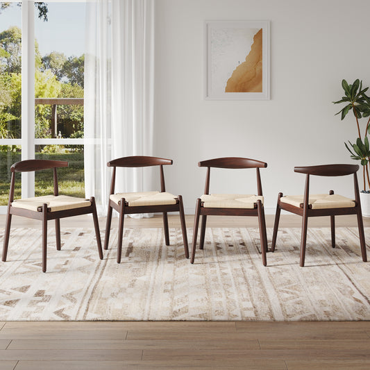 Farini Mid-Century Dining Chairs Set of 4, Solid Wood Frame & Woven Leather Seats, Latte-Beige