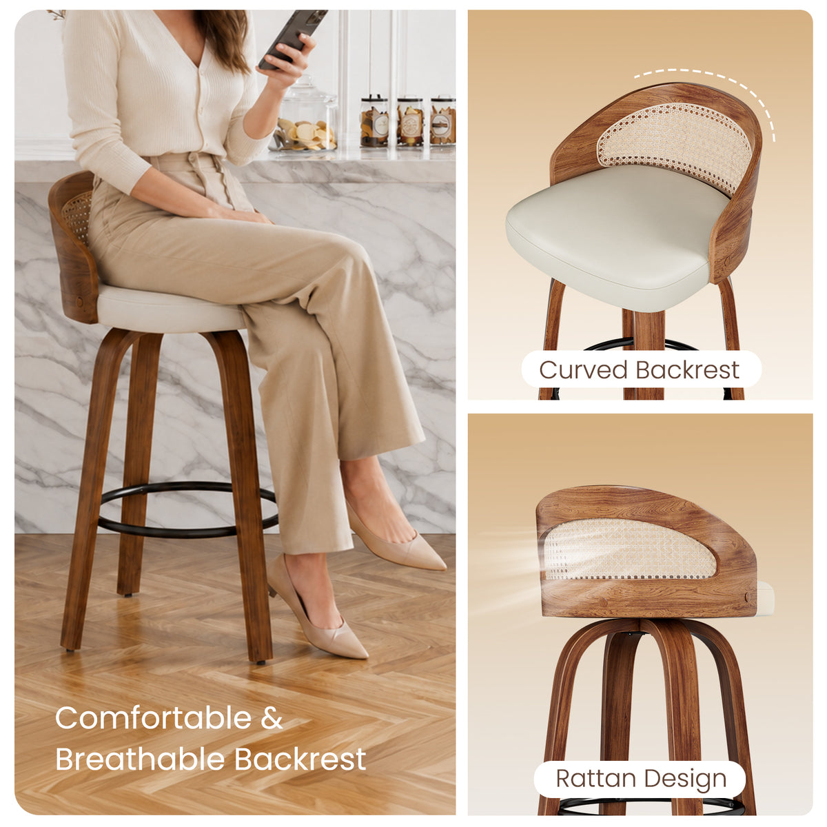 Farini Swivel Bar Stools Set of 2, Upholstered PU Leather Stools with Rattan Back & Footrest, 26" Counter Height for Kitchen Island, Bar, or Dining Room, Beige