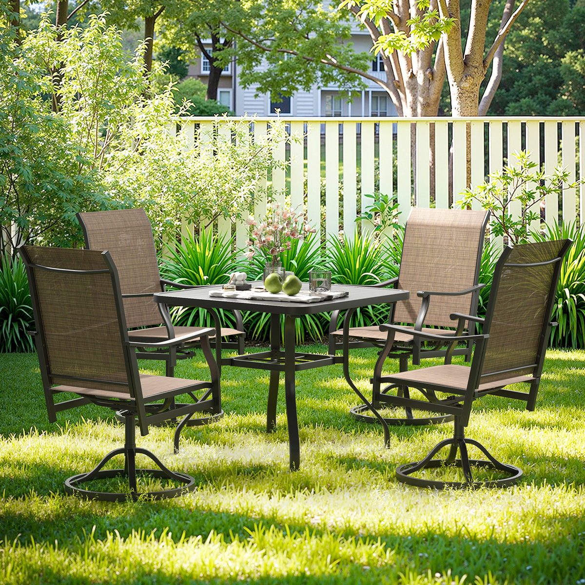 Farini Outdoor 360° Swivel Dining Chairs Set of 4, Textilene Fabric, Rust-Resistant Metal Frame, All-Weather Ergonomic Seating for Patio, Backyard or Balcony, Brown