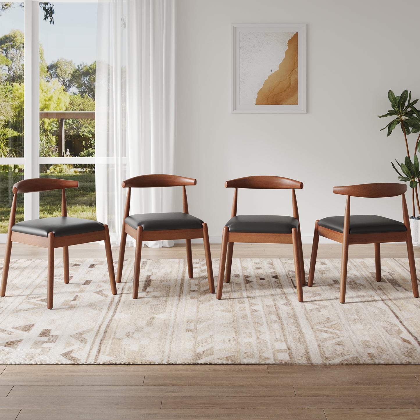 Farini Mid-Century Dining Chairs Set of 4, Solid Wood Frame & PU Leather Upholstered Seats, Walnut-Black