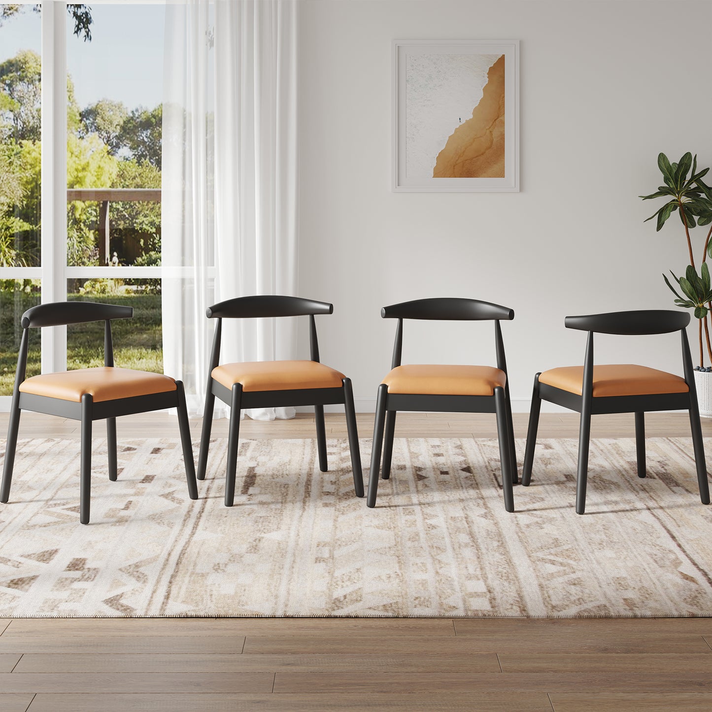 Farini Mid-Century Dining Chairs Set of 4, Solid Wood Frame & PU Leather Upholstered Seats, Black-Whiskey Brown