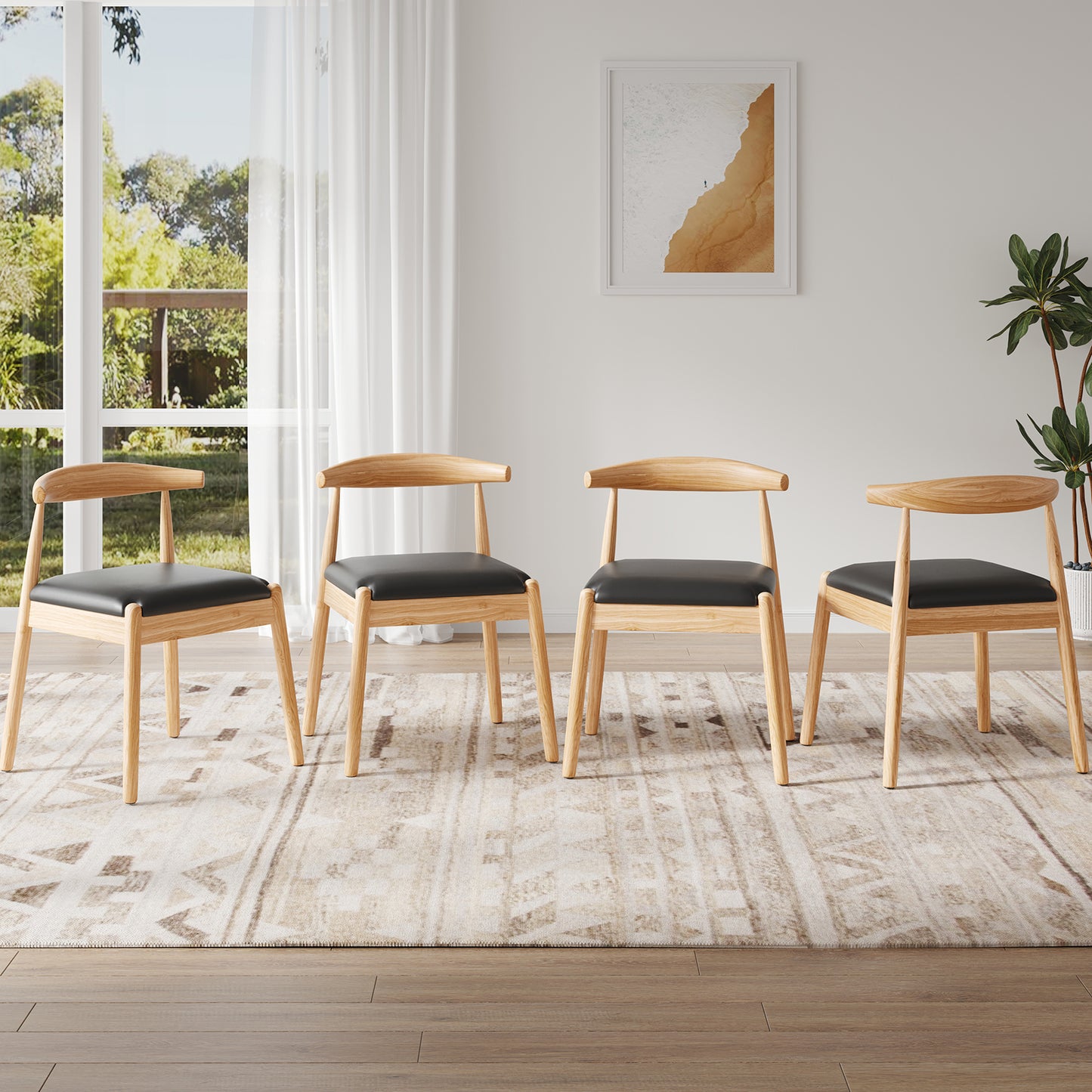 Farini Mid-Century Dining Chairs Set of 4, Solid Wood Frame & PU Leather Upholstered Seats, Nature-Black