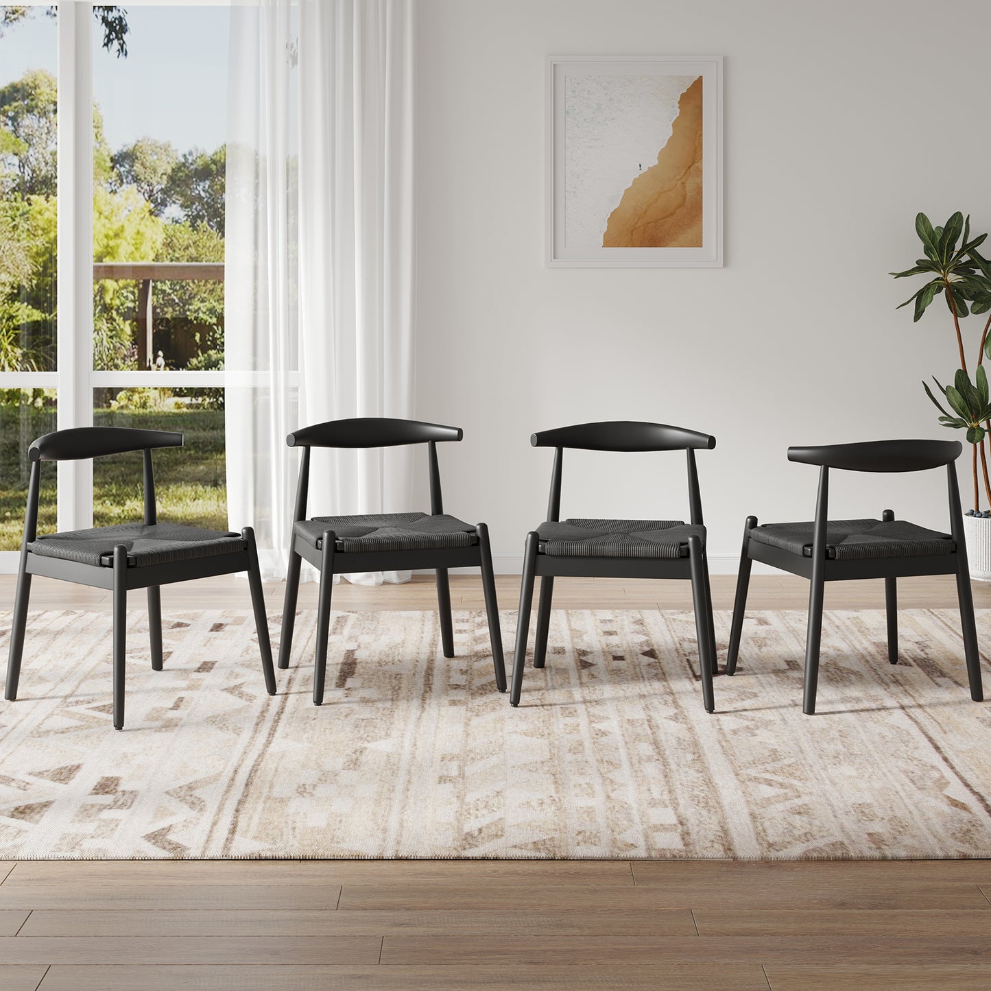 Farini Mid-Century Dining Chairs Set of 4, Solid Wood Frame & Woven Leather Seats, Black