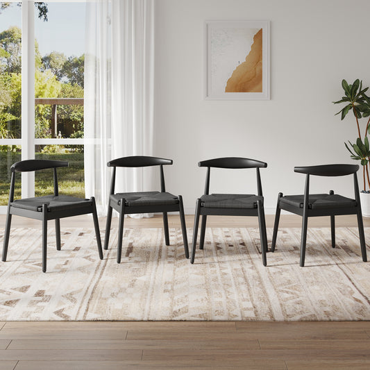 Farini Mid-Century Dining Chairs Set of 4, Solid Wood Frame & Woven Leather Seats, Black