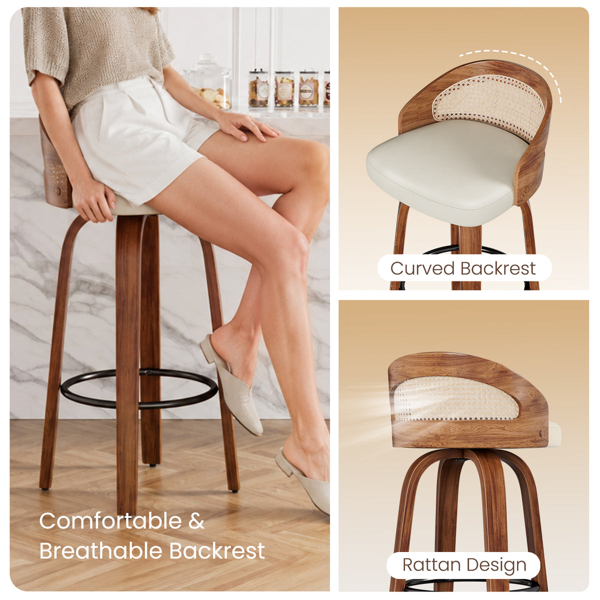 Farini Swivel Bar Stools Set of 2, Upholstered PU Leather Stools with Rattan Back & Footrest, 30" Counter Height for Kitchen Island, Bar, or Dining Room, Beige