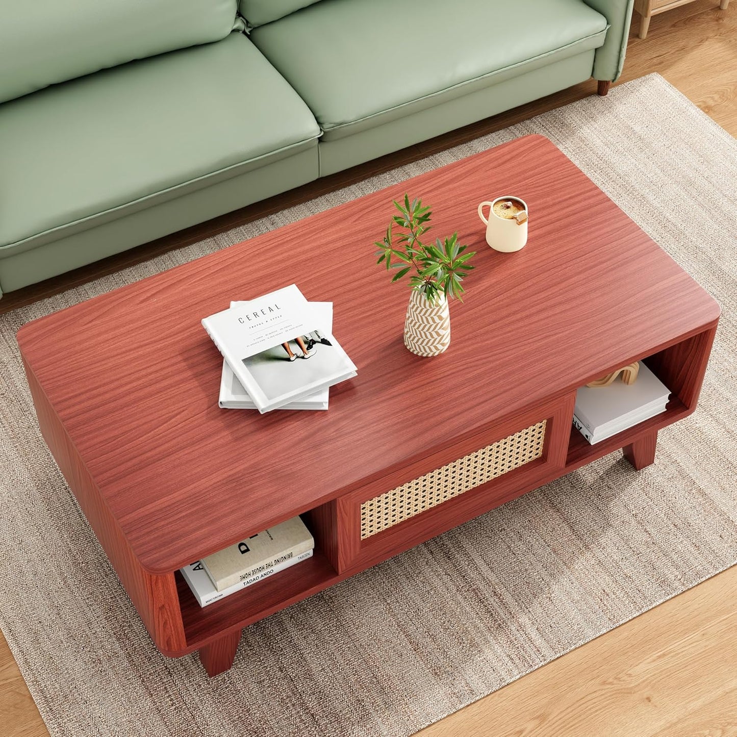 Farini Mid Century Storage, Modern Square Rattan Drawer Wooden, Farmhouse Coffee Table for Living Room