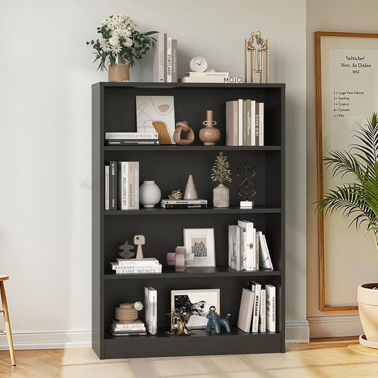 Farini 4 Tiers Bookcase, Wooden Bookcase with Adjustable Shelves for Home, Office, Black