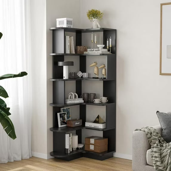 Farini 5-Tier Corner Bookcase, L-Shaped Storage Shelf for Living Room, Office, Bedroom, Black
