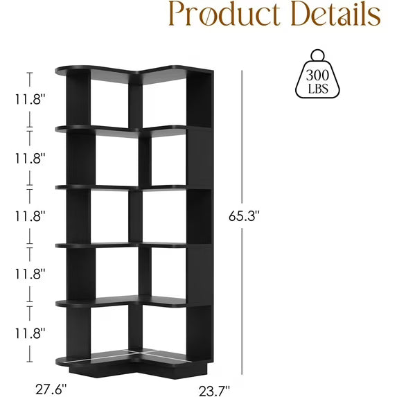Farini 5-Tier Corner Bookcase, L-Shaped Storage Shelf for Living Room, Office, Bedroom, Black