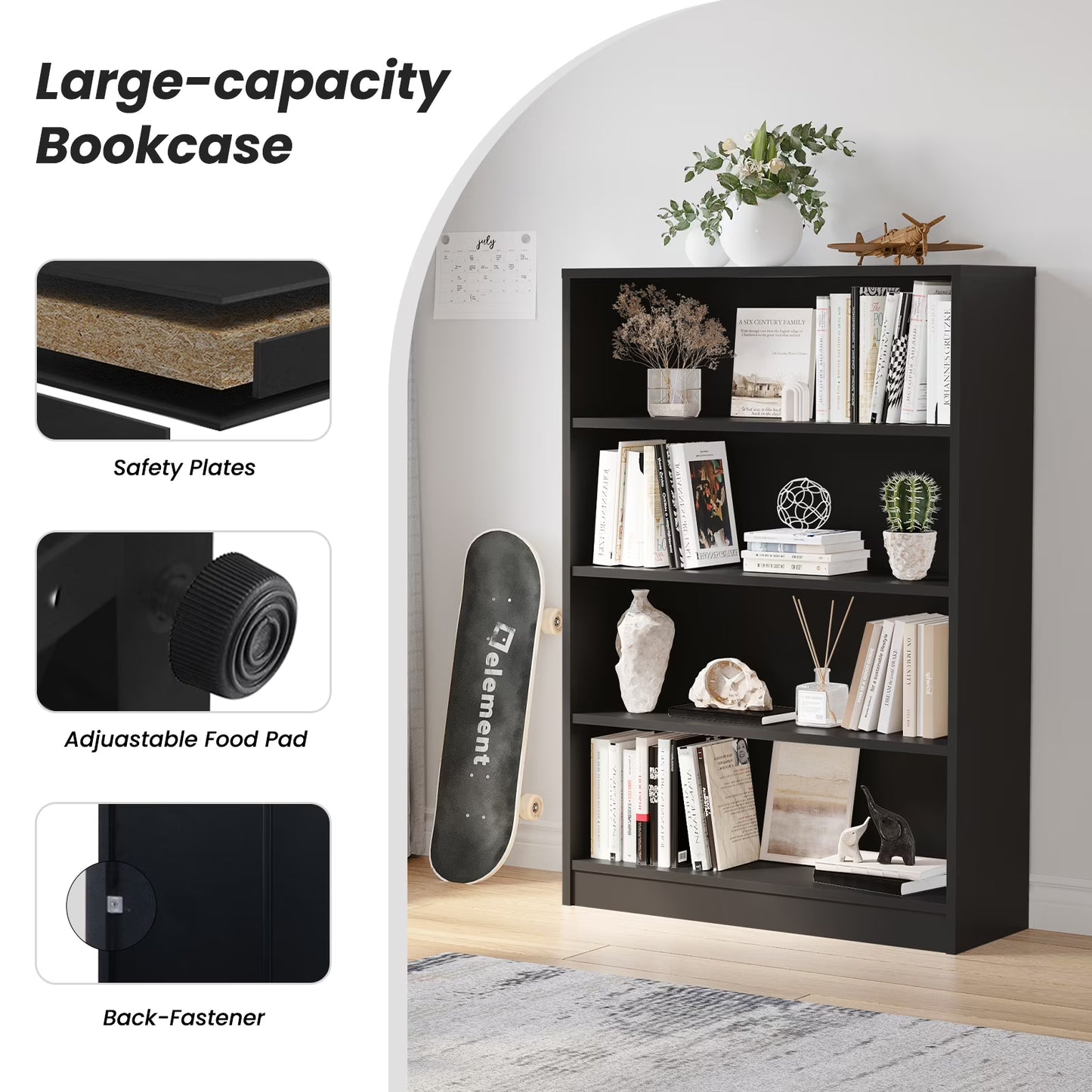 Farini 5 Tiers Bookcase, Wooden Bookcase with Adjustable Shelves for Home, Office, Black
