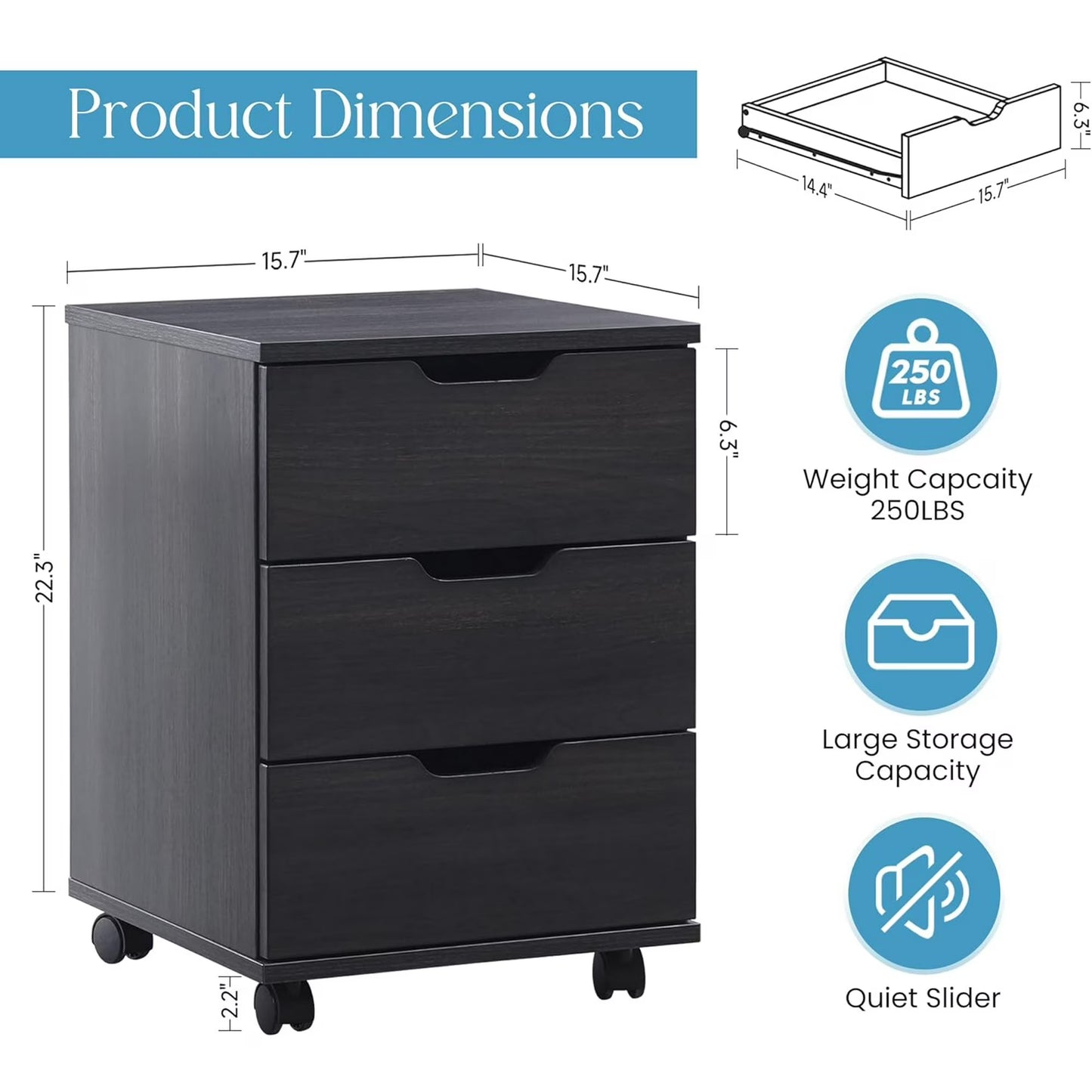 Farini 3-Drawer File Cabinet for Home Office, Mobile Wooden File Cabinet, for Under Desk Storage, Black, Non-Assembled