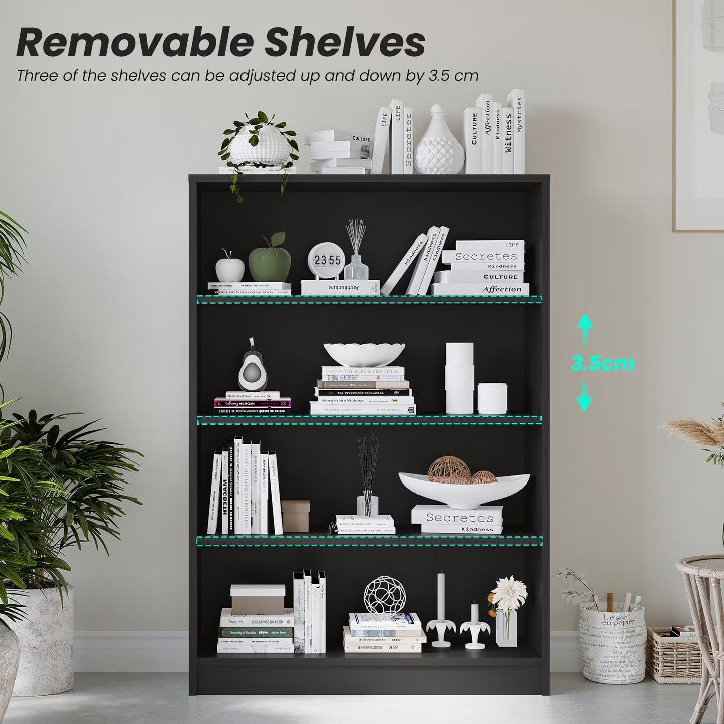 Farini 4 Tiers Bookcase, Wooden Bookcase with Adjustable Shelves for Home, Office, Black