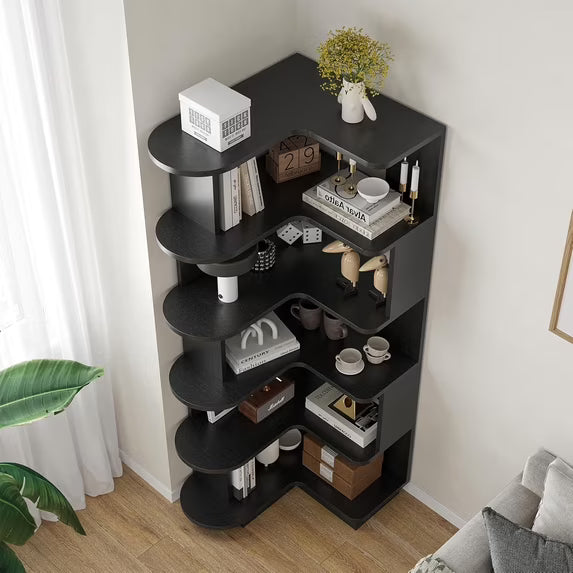 Farini 5-Tier Corner Bookcase, L-Shaped Storage Shelf for Living Room, Office, Bedroom, Black