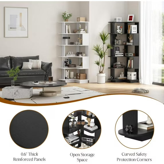 Farini 5-Tier Corner Bookcase, L-Shaped Storage Shelf for Living Room, Office, Bedroom, Black