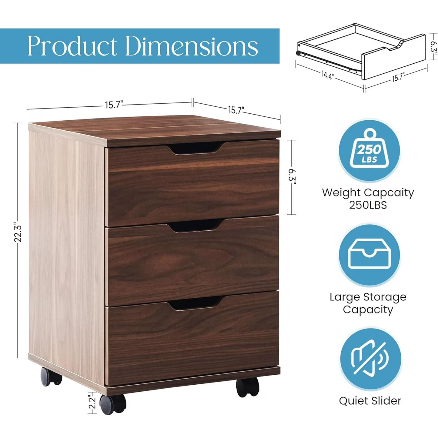 Farini 3-Drawer File Cabinet for Home Office, Mobile Wooden File Cabinet, for Under Desk Storage, Brown, Fully-Assembled