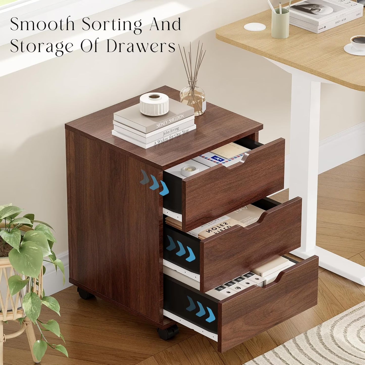 Farini 3-Drawer File Cabinet for Home Office, Mobile Wooden File Cabinet, for Under Desk Storage, Brown, Fully-Assembled