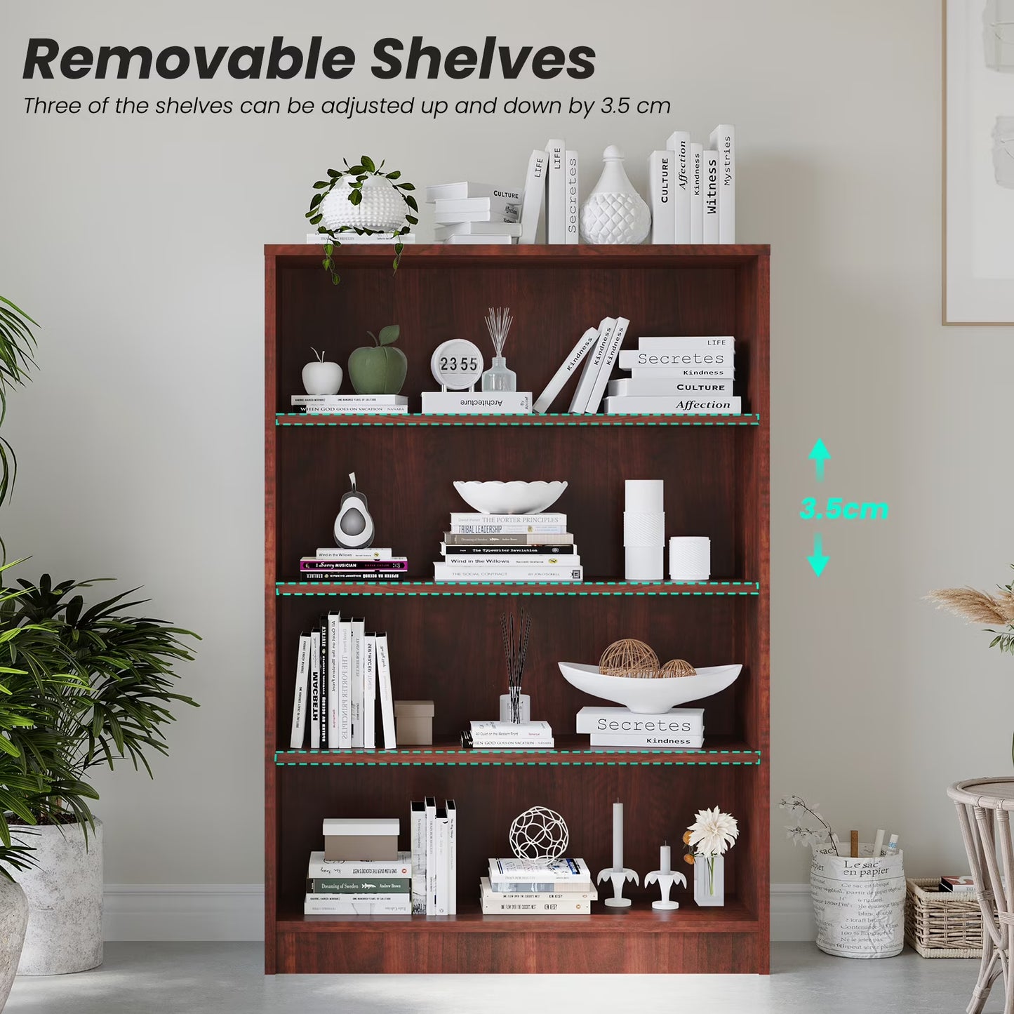 Farini 4 Tiers Bookcase, Wooden Bookcase with Adjustable Shelves for Home, Office, Cherry
