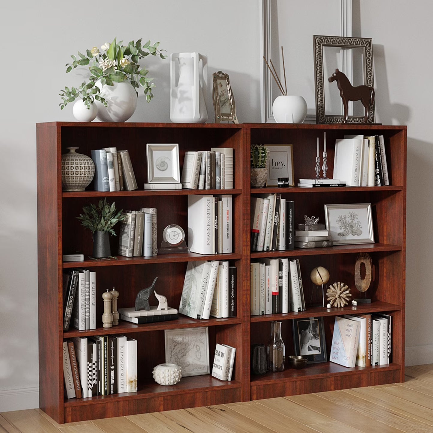 Farini 4 Tiers Bookcase, Wooden Bookcase with Adjustable Shelves for Home, Office, Cherry