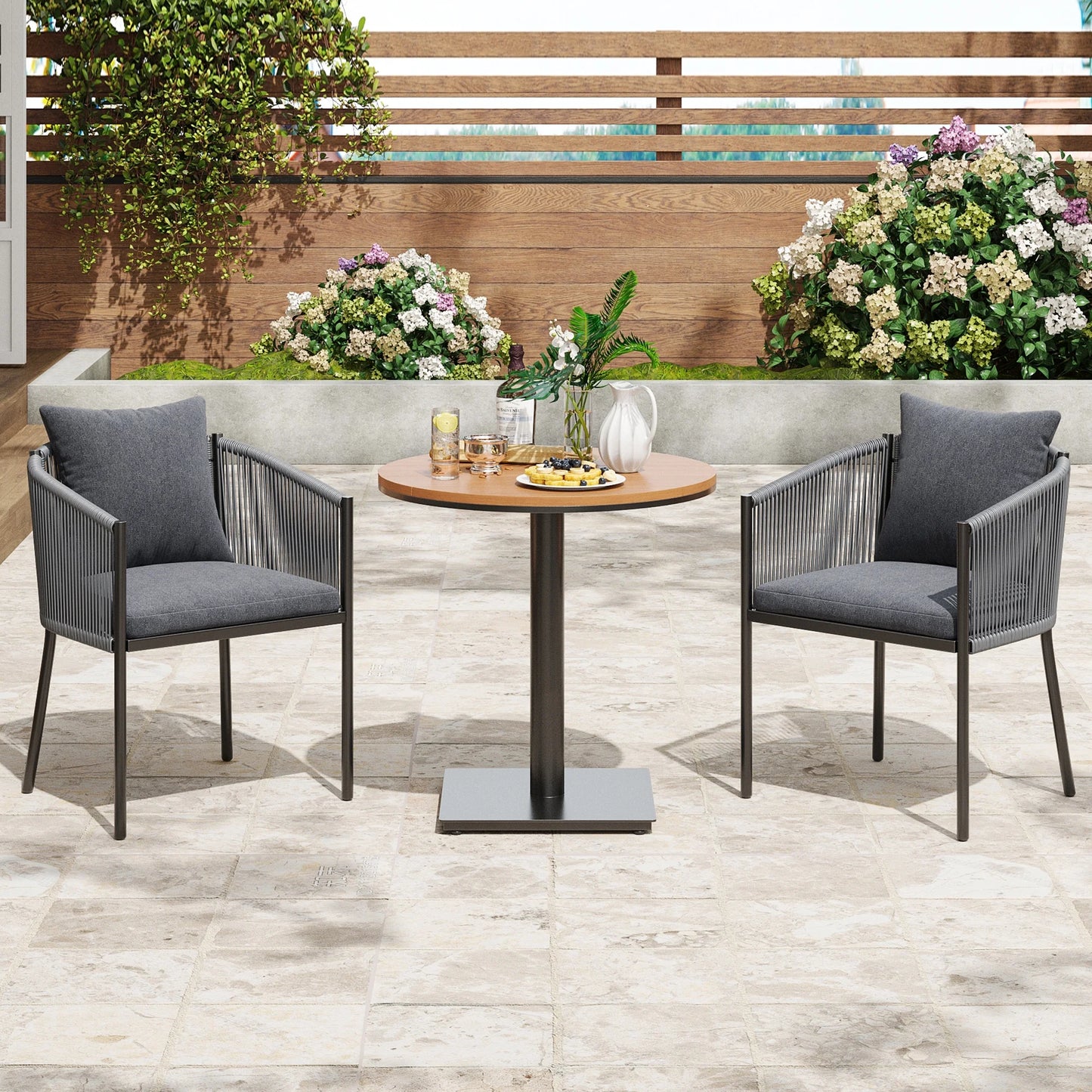 Farini Outdoor Dining Set, Patio Table and Chairs Set, Rattan Wicker Patio Chair Cushions and 1 Outdoor Table Plastic Wooden Top for Lawn, Deck Backyard, Poolside