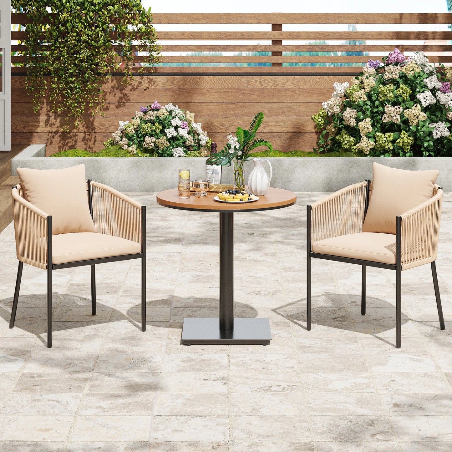 Farini Outdoor Dining Set, Patio Table and Chairs Set, Rattan Wicker Patio Chair Cushions and 1 Outdoor Table Plastic Wooden Top for Lawn, Deck Backyard, Poolside
