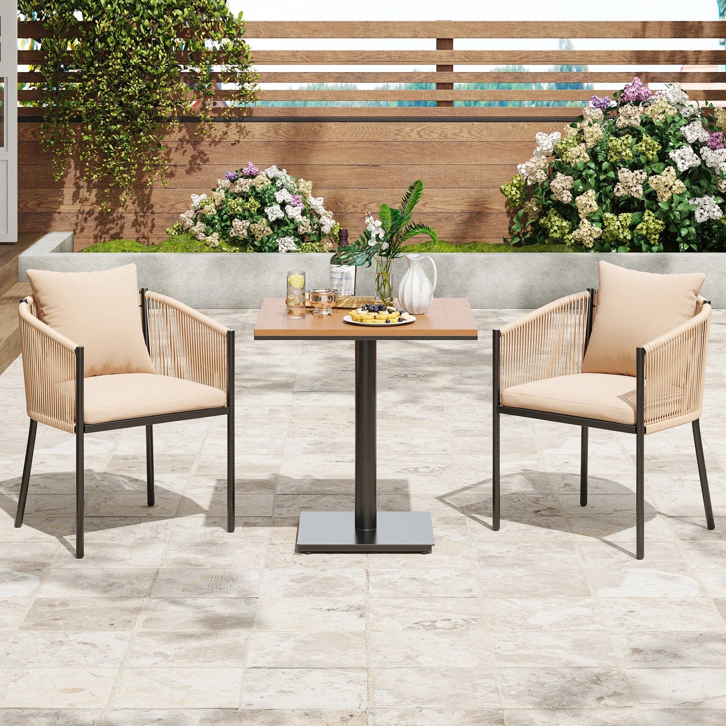 Farini Outdoor Dining Set, Patio Table and Chairs Set, Rattan Wicker Patio Chair Cushions and 1 Outdoor Table Plastic Wooden Top for Lawn, Deck Backyard, Poolside